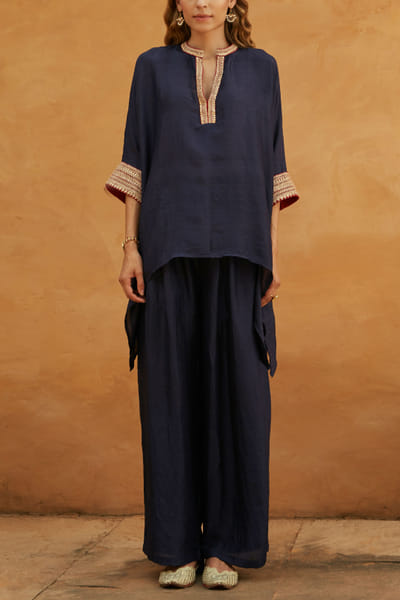 Blue mulberry silk kaftan set