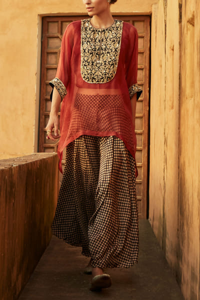 Brick katan silk cape and dhoti
