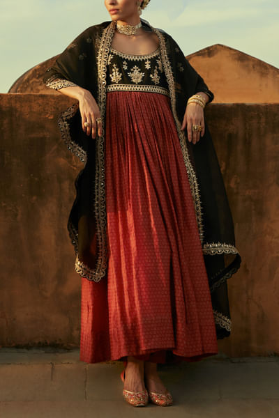 Black handblock printed anarkali set