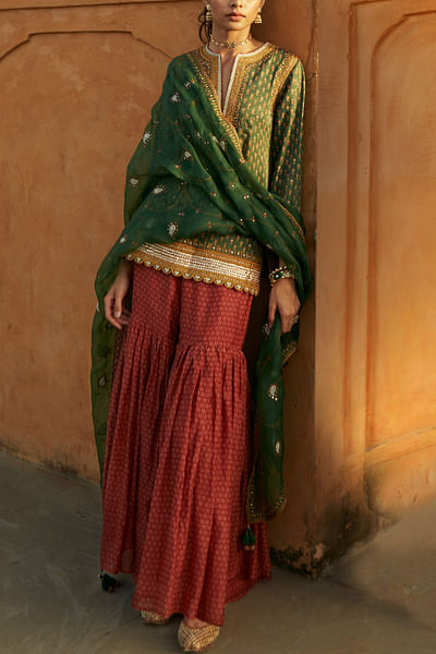 Green handblock printed kurta set