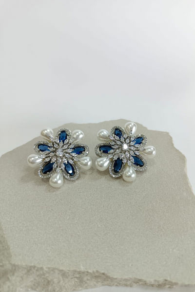 Blue crystal and pearl studs