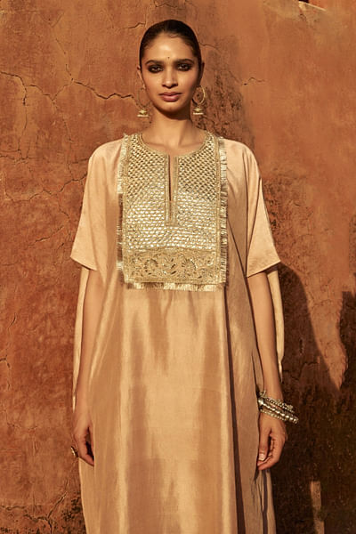 Beige gota embroidered kaftan kurta set