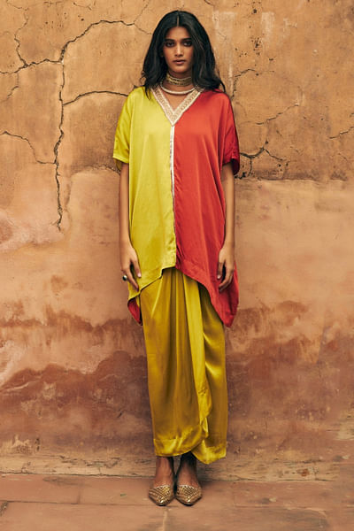Yellow and red kaftan and draped skirt