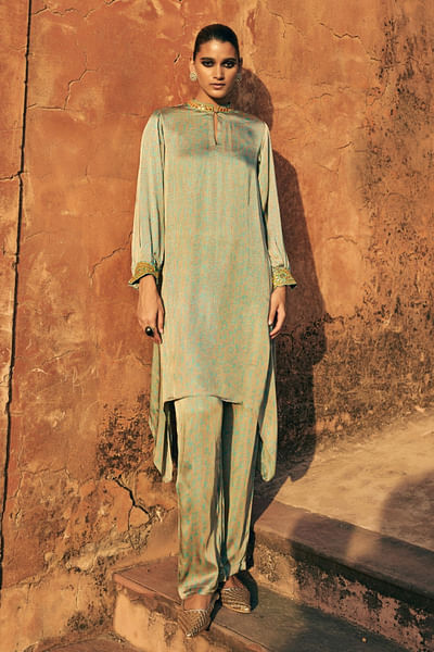 Blue block printed mirror embroidered co-ords