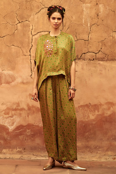 Green mirror work printed co-ords