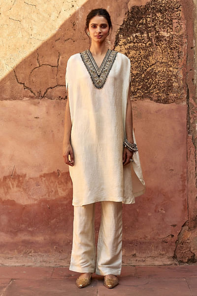 White dori embroidered kaftan kurta set