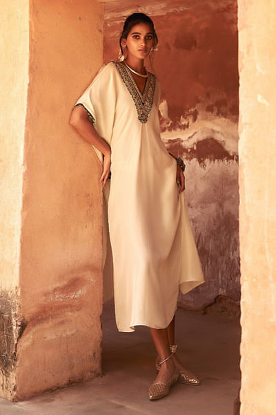 Ivory sequin embroidered kaftan