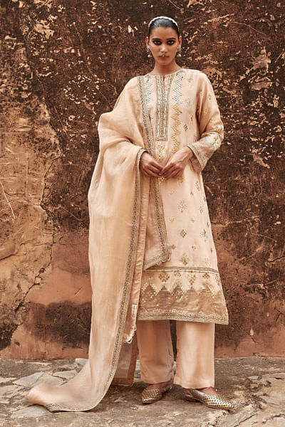 Beige gota embroidered kurta set