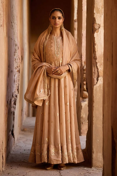 Beige gota embroidered anarkali set