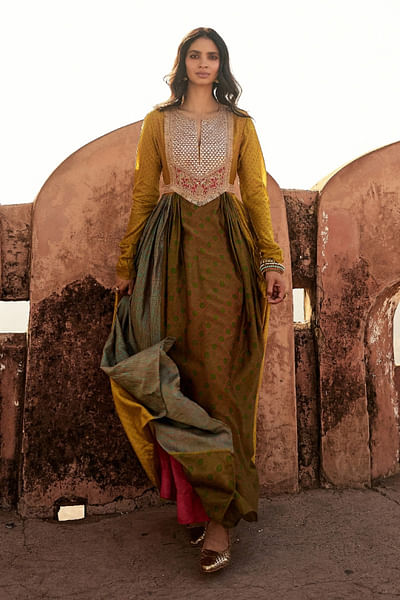 Multicolour block printed anarkali dress