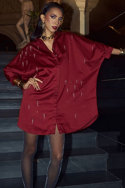 Maroon embellished shirt dress