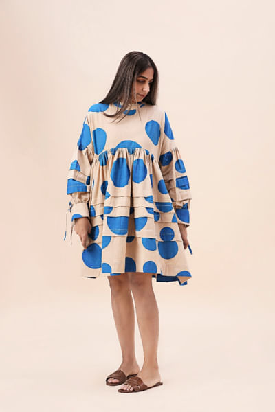 Blue polka-dot block printed pleated dress