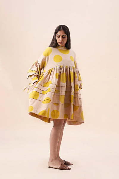 Yellow polka-dot block printed pleated dress