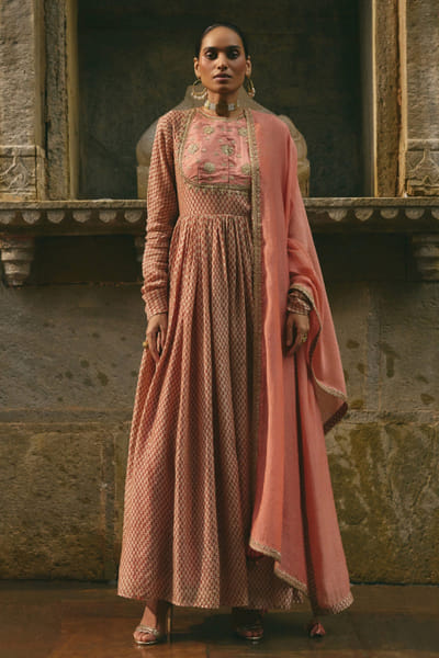 Beige printed anarkali set