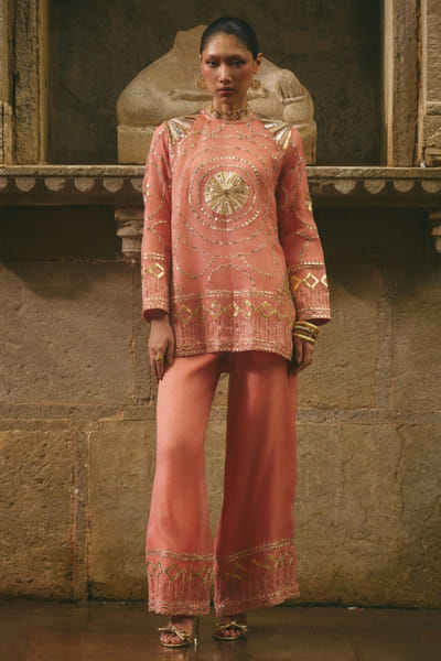 Pink embroidered short kurta set