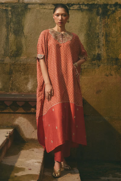 Rust dori embroidered kaftan set