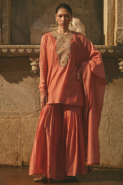 Pink printed chanderi sharara set