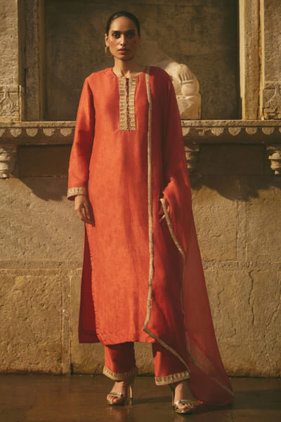 Rust red dori embroidered kurta set