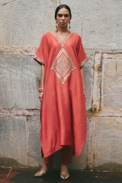 Red gota embroidered kaftan set