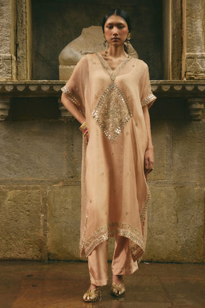 Beige gota embroidered kaftan set