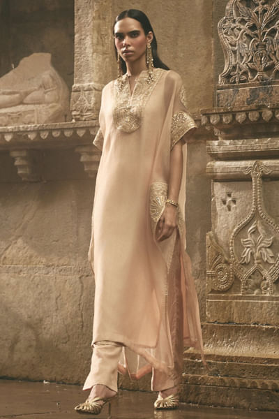 Beige dori embroidered kaftan set