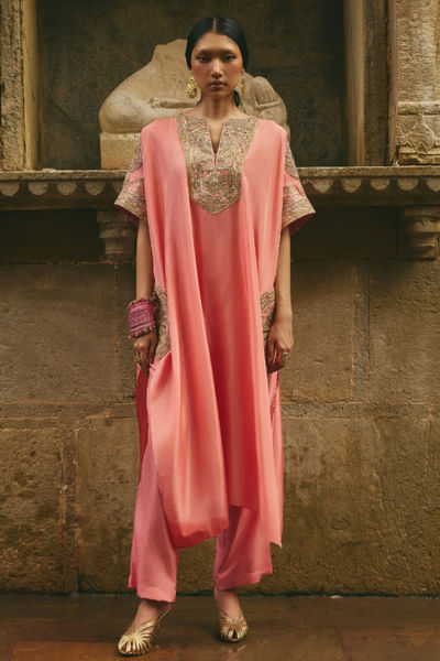 Pink gota embroidered kaftan set