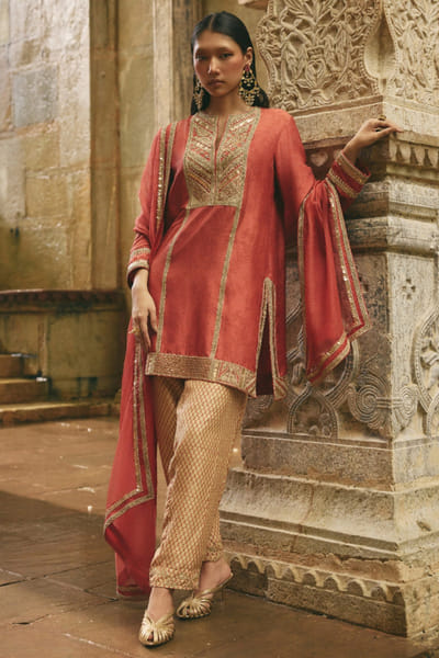 Red gota embroidered short kurta set