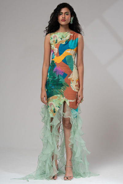 Multicolour print ruffled mini dress