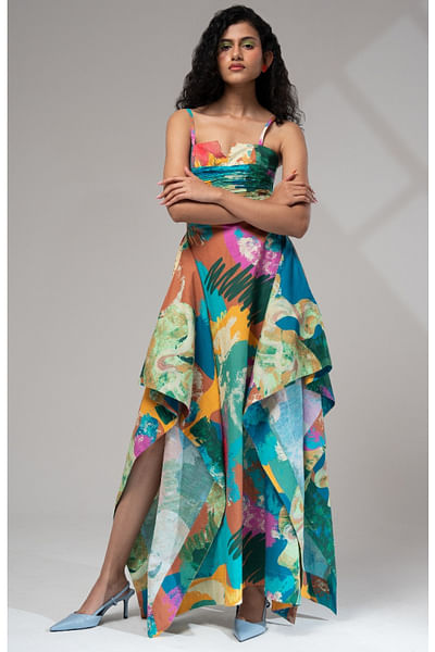 Multicolour printed asymmetric maxi dress