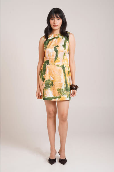 Multicolour printed and pleated mini dress