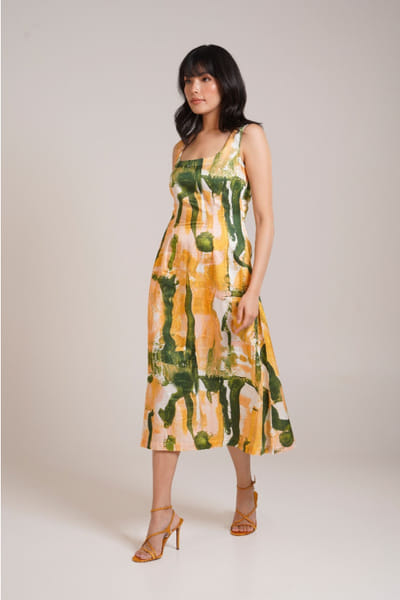Multicolour printed-pleated midi dress
