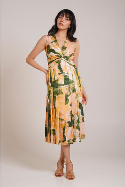 Multicolour printed and knotted midi dress