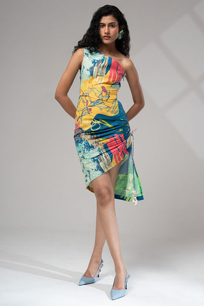 Multicolour one-shoulder asymmetric dress