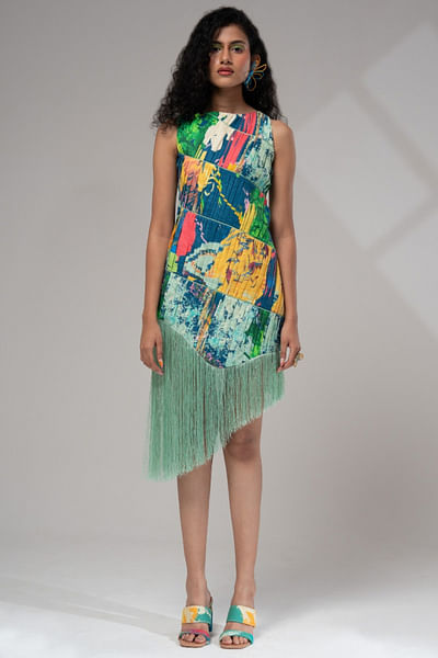 Multicolour print pleated and fringed dress