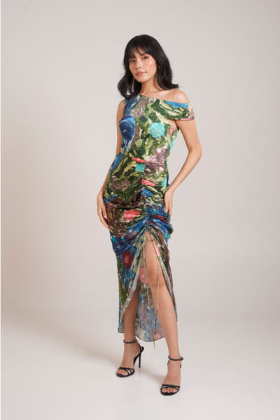 Multicolour printed ruched off-shoulder dress