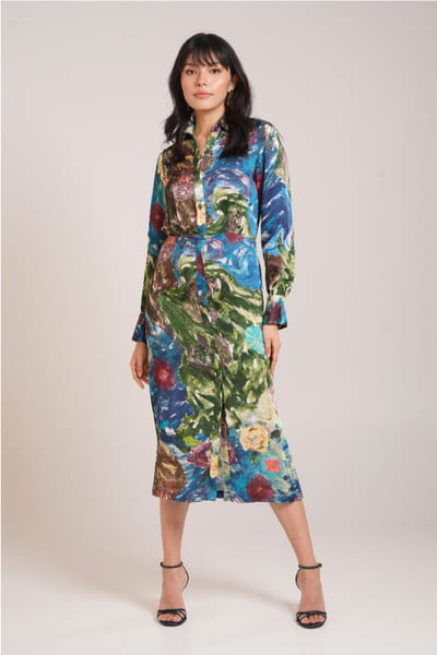 Multicolour printed midi shirt dress