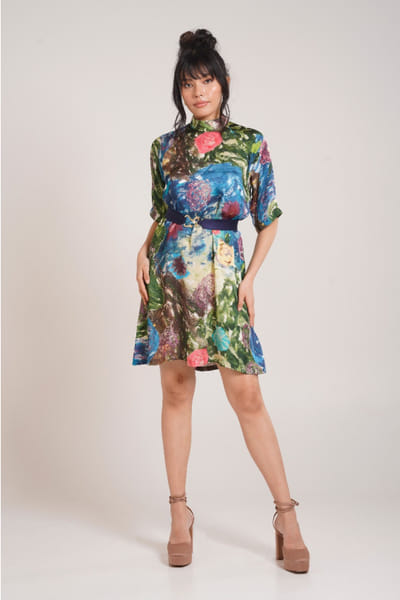 Multicolour printed and belted short dress