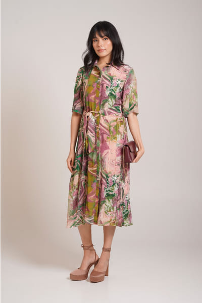 Multicolour printed and pleated midi dress