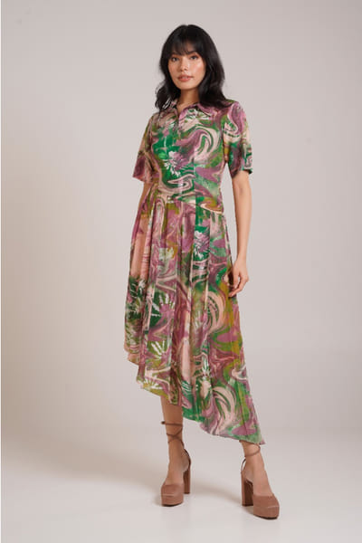 Multicolour printed and pleated polo dress
