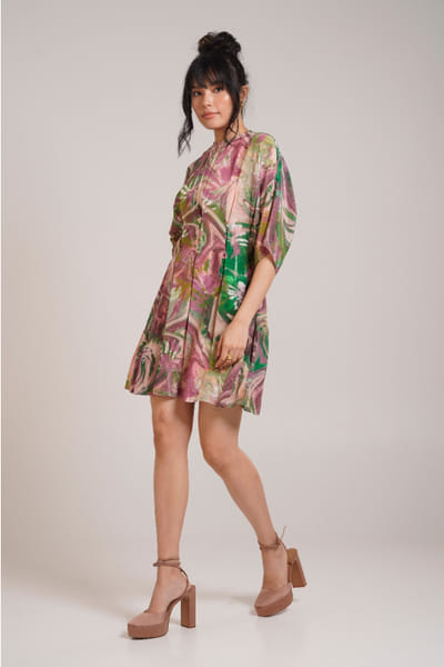 Multicolour printed and pleated kimono dress