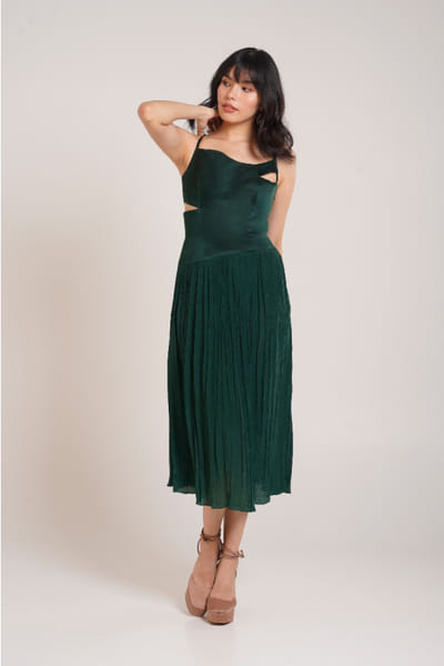 Forest green pleated and cutout midi dress