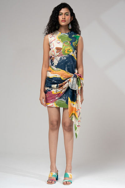 Multicolour print pleated tie-up mini dress