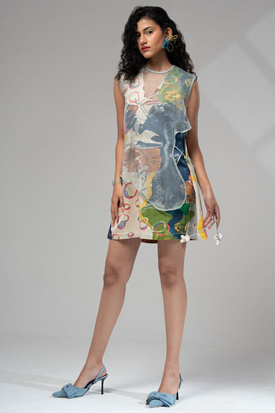 Multicolour printed v-neck dress with bib