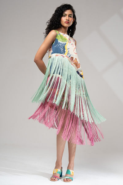 Multicolour layered and fringed mini dress