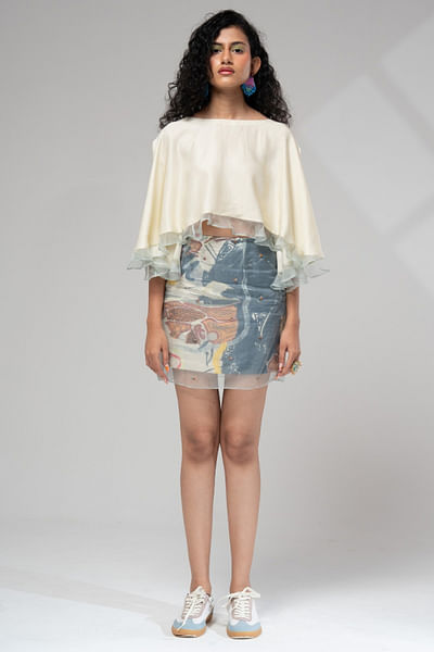 Multicolour print and embroidered layer skirt