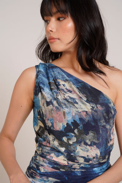 Multicolour printed one-shoulder dress