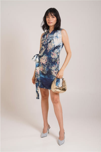 Multicolour printed tie-up mini dress