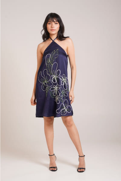 Navy blue floral embroidered dress