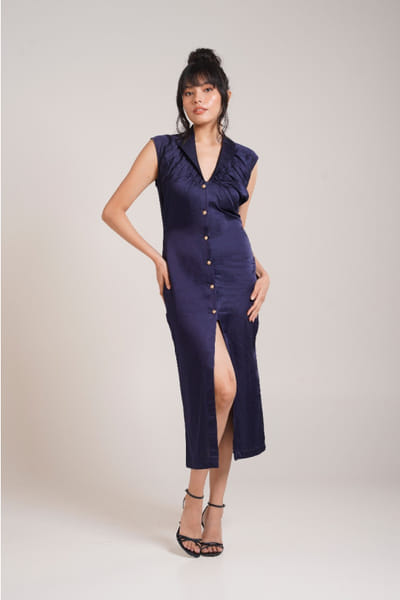 Navy blue gathered formal midi dress
