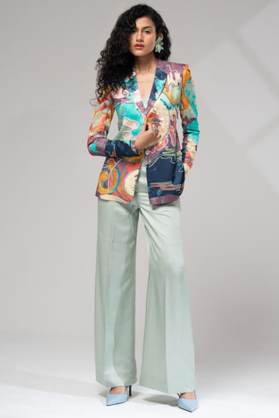Multicolour printed and embroidered blazer set